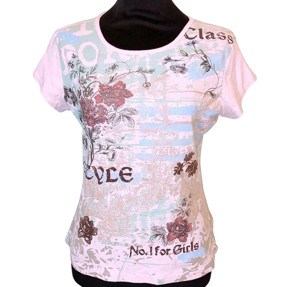 Vintage Y2K Pink‎ Floral Graphic Baby Tee Made in USA Glam Coquette Class Top